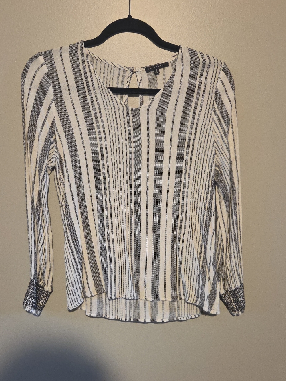 Staccato White and Gray Striped Tie-Neck Blouse